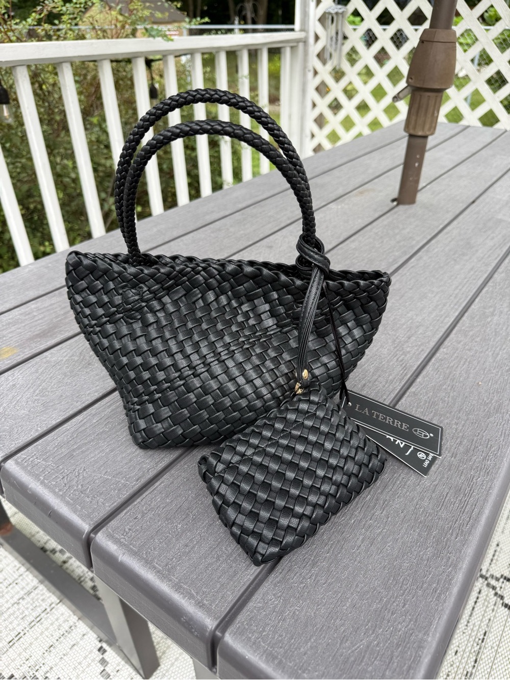 Black Woven Tote Bag with Pouch
